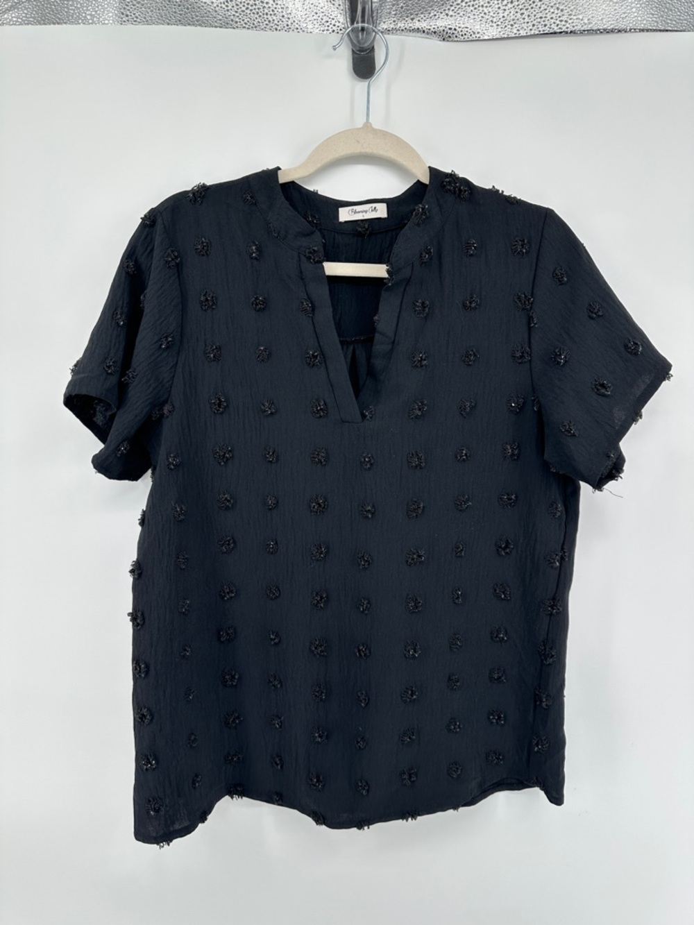 BloomingJelly Business Boho Romantic Minimalist Workwear Blk Textured Blouse SzL